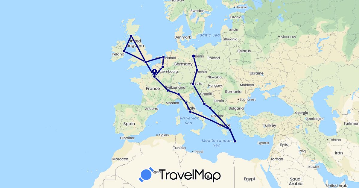 TravelMap itinerary: driving in Austria, Belgium, Switzerland, Czech Republic, Germany, France, United Kingdom, Greece, Croatia, Ireland, Italy, Netherlands (Europe)